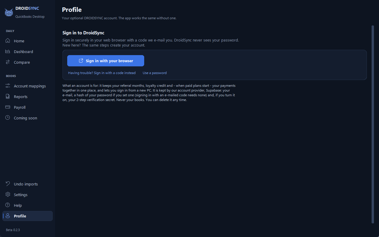 DROIDSYNC sign-in, in dark mode