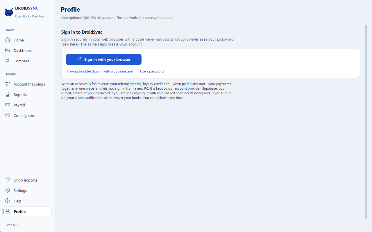 DROIDSYNC sign-in for the optional account