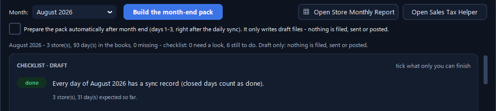 The DROIDSYNC Month-end autopilot in dark mode, demo data