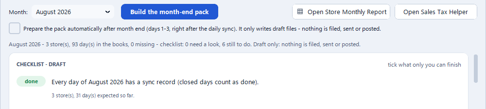 The DROIDSYNC Month-end autopilot in demo mode: the month picker, Build the month-end pack, the automatic-draft option, the month's status line and the first draft checklist item, marked done
